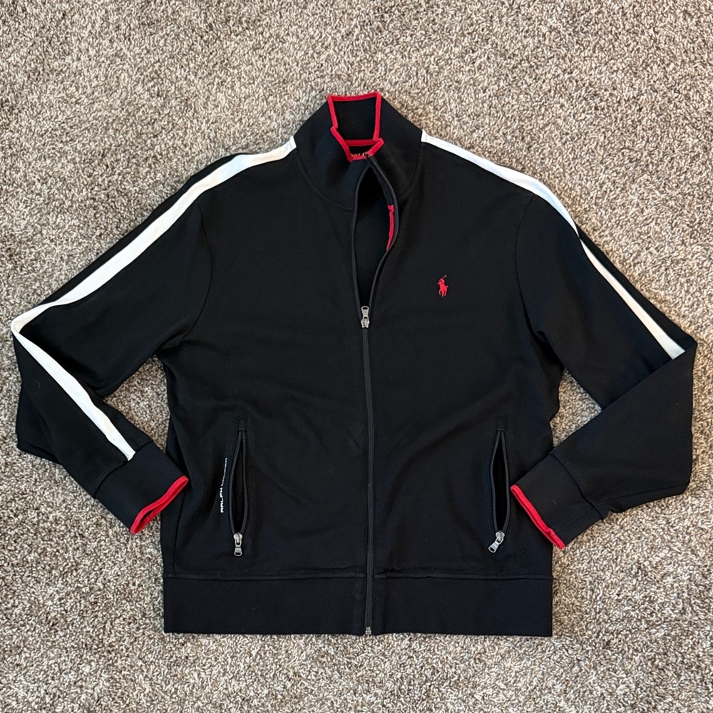Ralph Lauren Black Full Zip-Up Performance Sweater with White and Red Accents